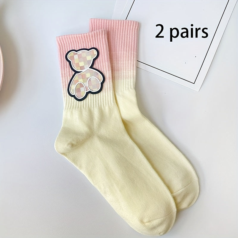 2 Pairs Bear Pattern & Ombre Mid Tube Socks Women's Stockings