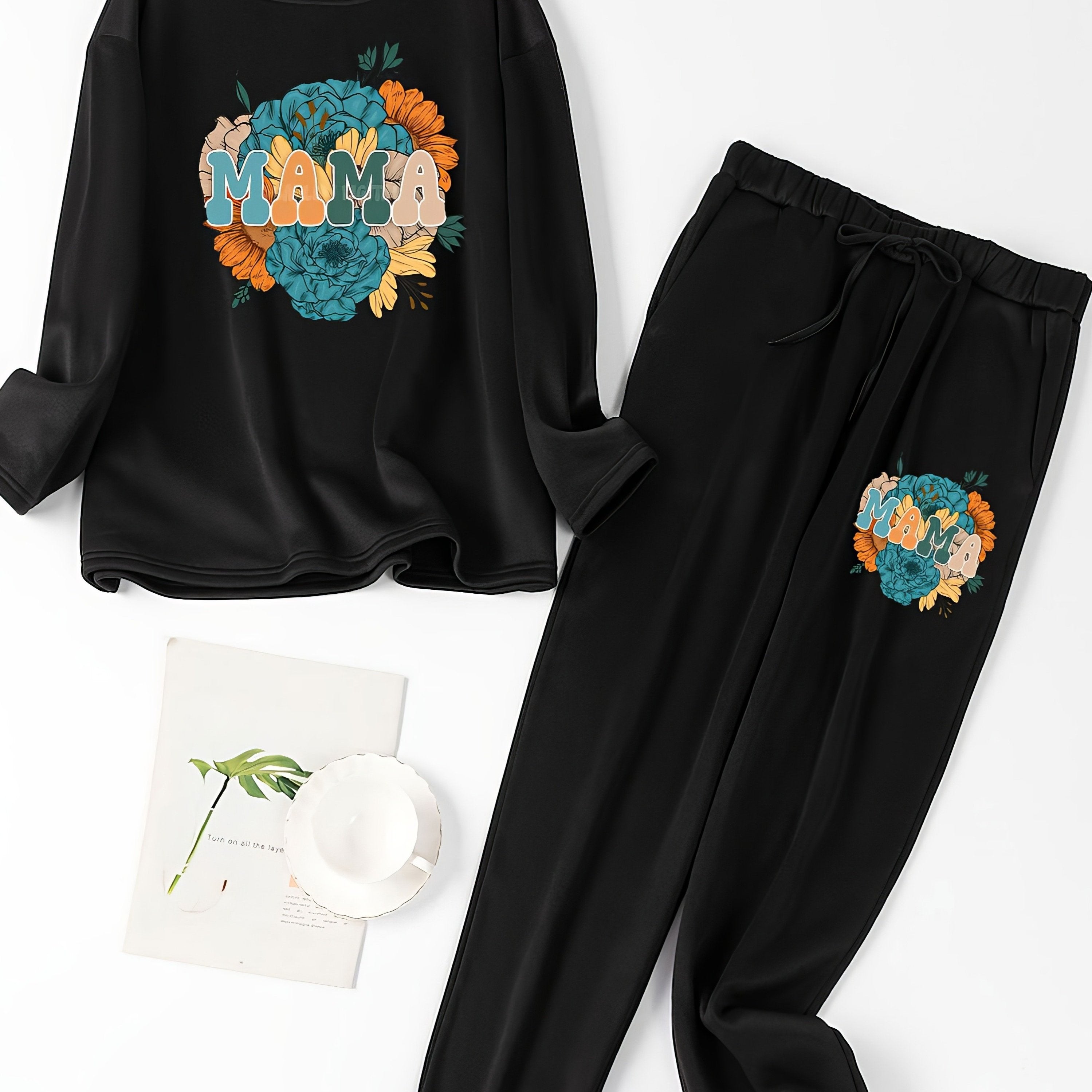 Floral & Letter Print Tee & Joggers Pajamas Set