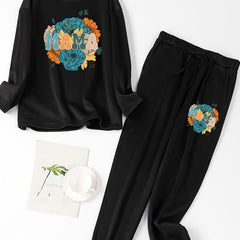 Floral & Letter Print Tee & Joggers Pajamas Set