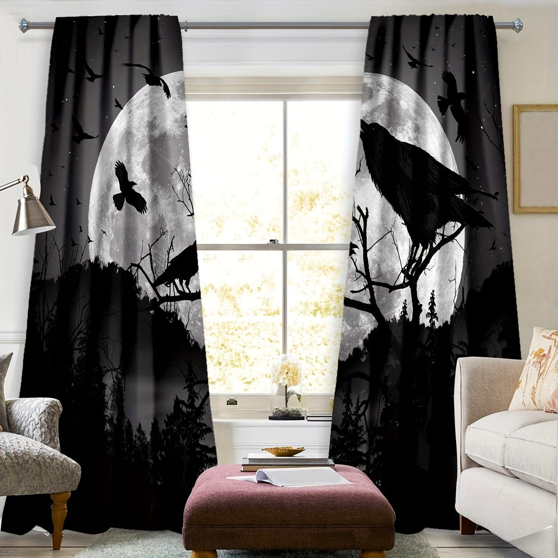 2 Panels Moon Crow Printed Curtains Rod Pocket Window Curtains