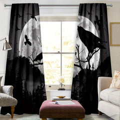 2 Panels Moon Crow Printed Curtains Rod Pocket Window Curtains