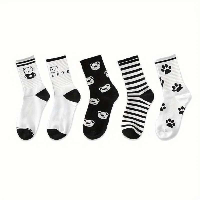 5 Pairs Bear & Plaid Print Socks Mid Tube Women's Stockings
