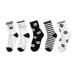 5 Pairs Bear & Plaid Print Socks Mid Tube Women's Stockings