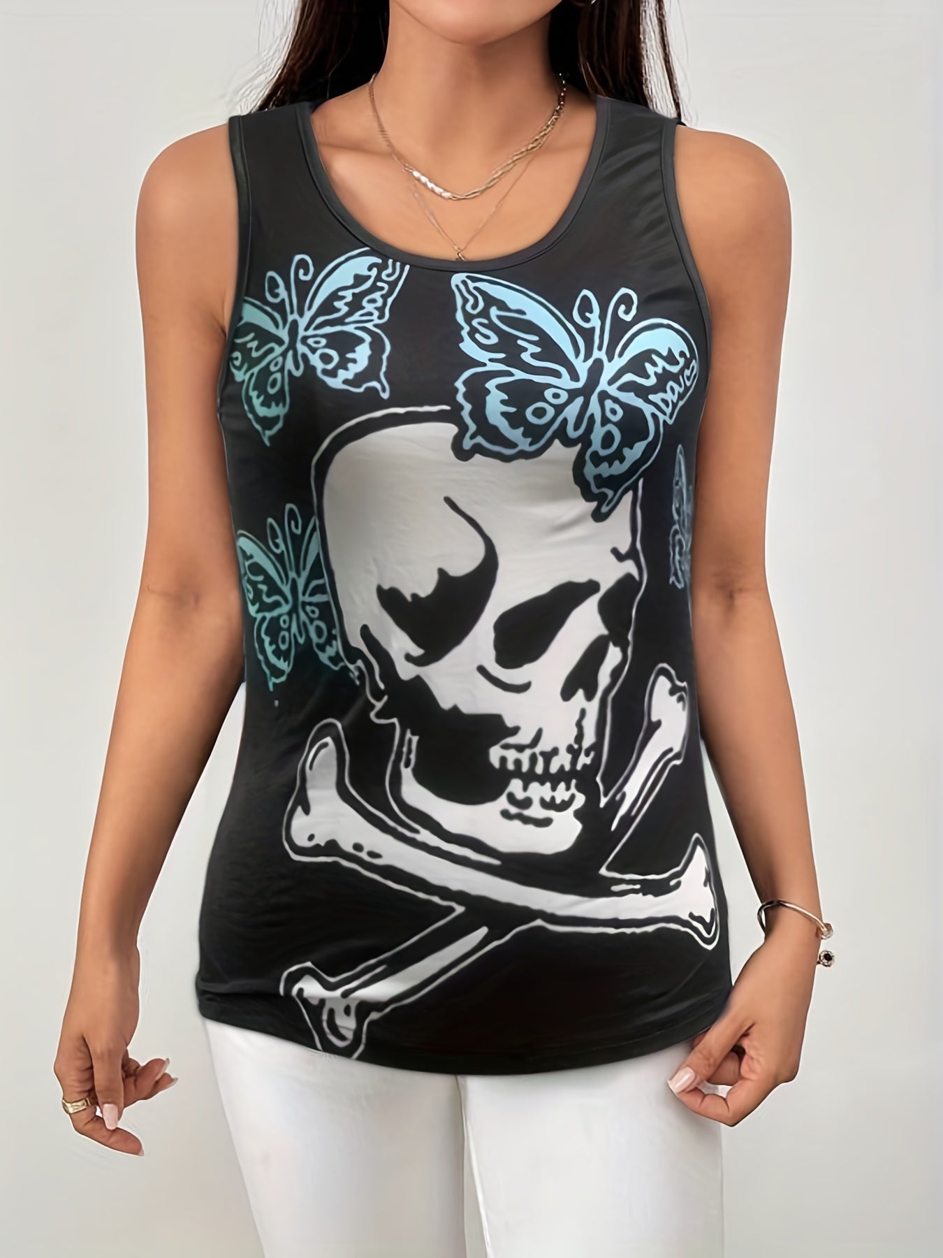 Butterfly & Skull Print Tank Top Women's Sleeveless Top