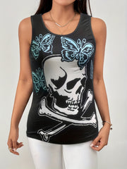 Butterfly & Skull Print Tank Top Women's Sleeveless Top