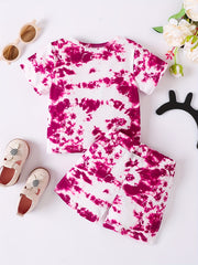 Tie Dye Cartoon Figure Print T shirt & Shorts 2pcs Set for Baby Girls
