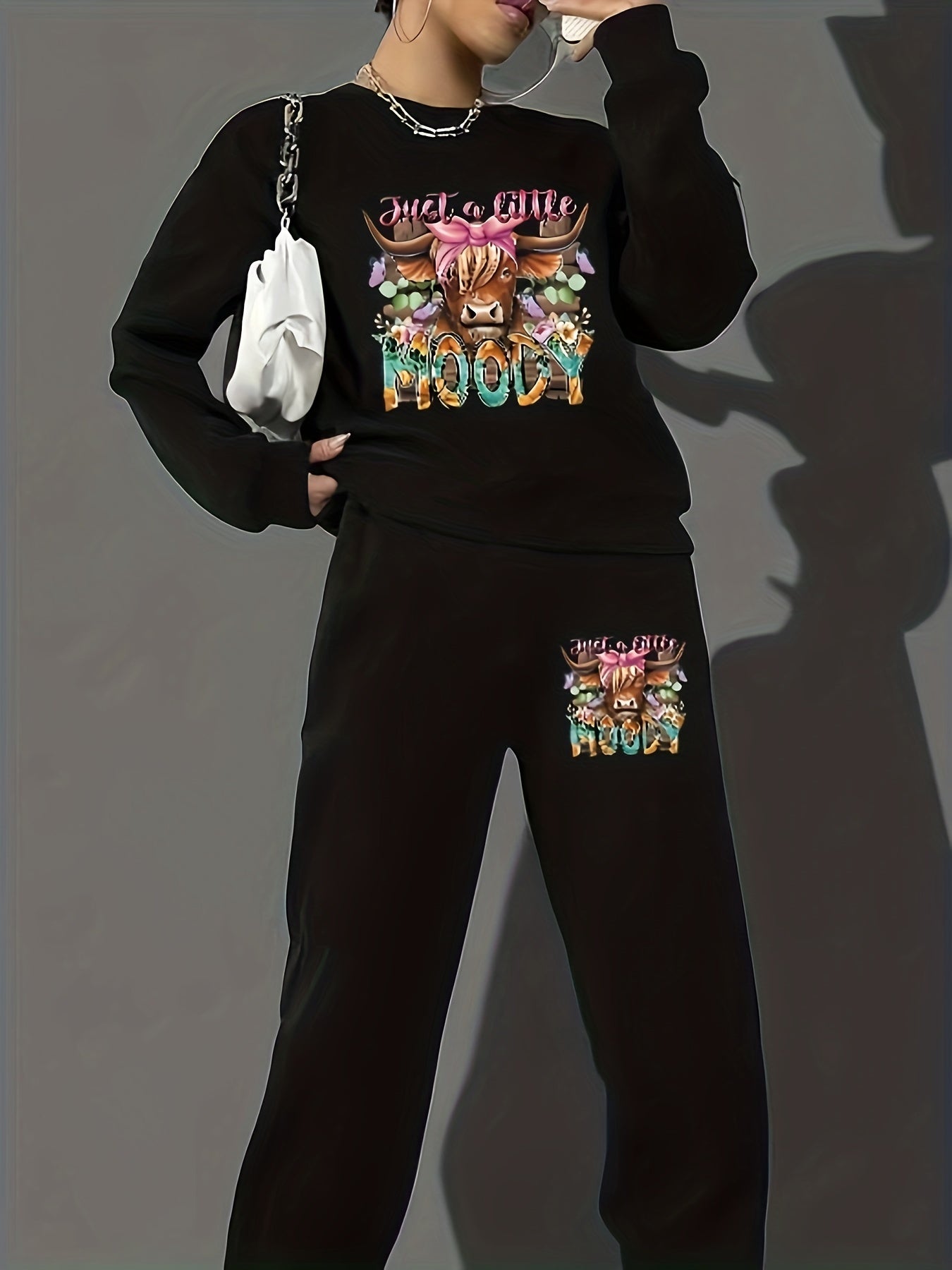 Women's Plus Art Letter & Cow Print 2 Piece Set