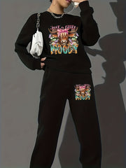 Women's Plus Art Letter & Cow Print 2 Piece Set