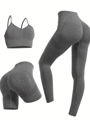 3pcs Yoga Set Sports Bra & High Waist Shorts & Leggings Suit