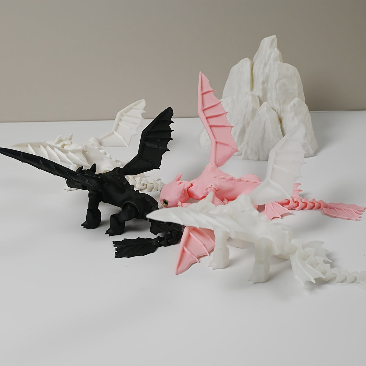 3D Printed Dragon Statue Pink Plastic Decor with Green Eyes