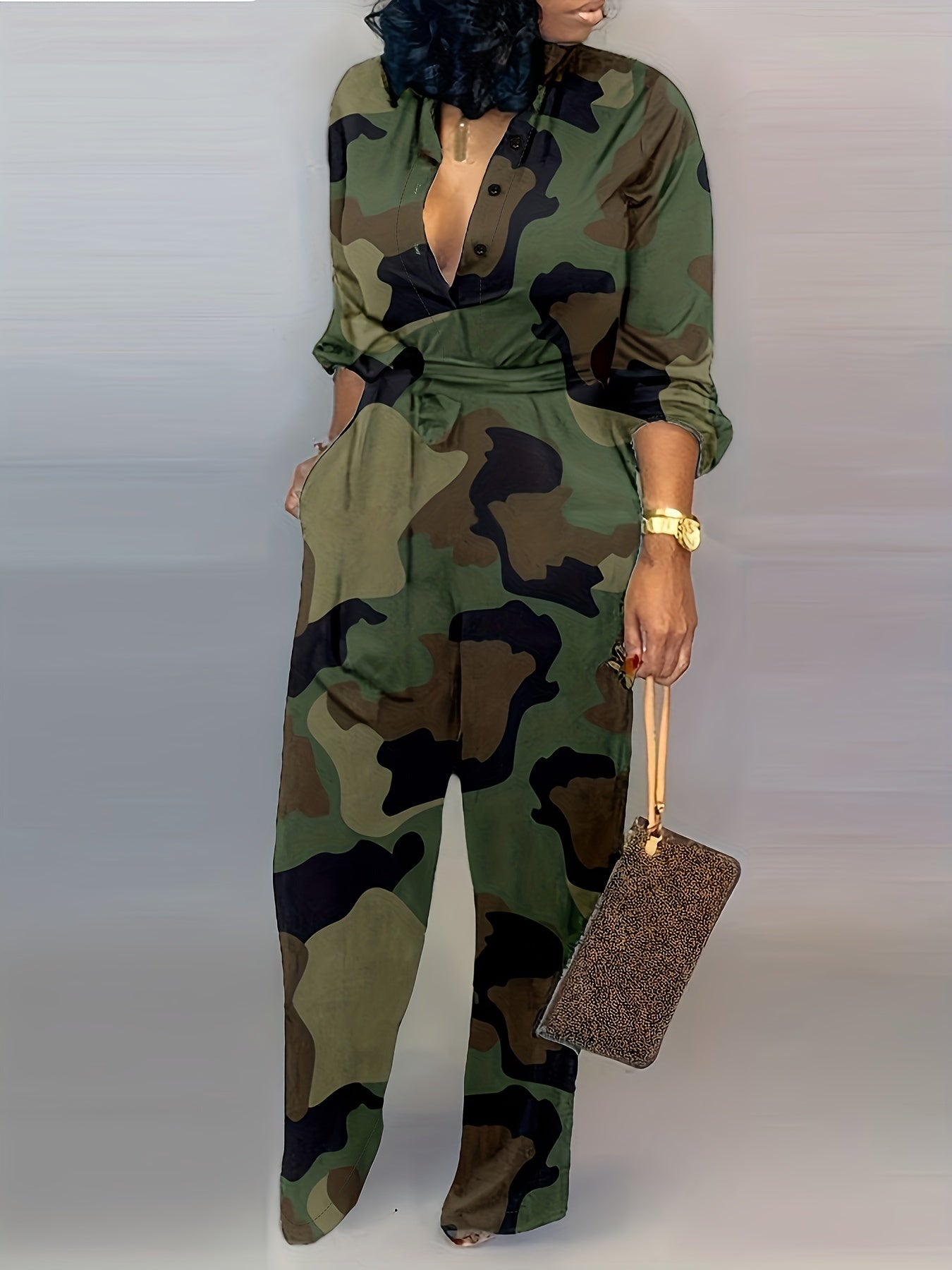 Camouflage Wide Leg Jumpsuit with Pockets