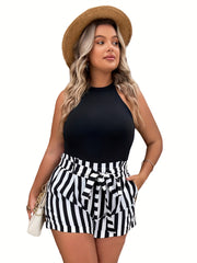 Casual 2 Piece Set: Solid Tank Top & Stripe Print Shorts with Pockets