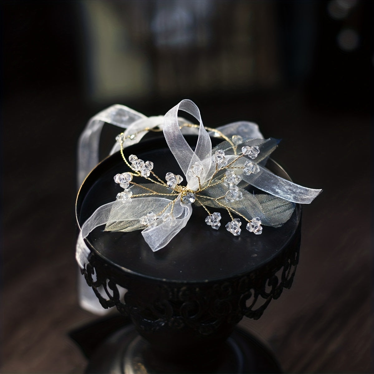 Mesh Ribbon Head Piece With Faux Pearl And Crystal Beads