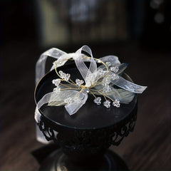 Mesh Ribbon Head Piece With Faux Pearl And Crystal Beads
