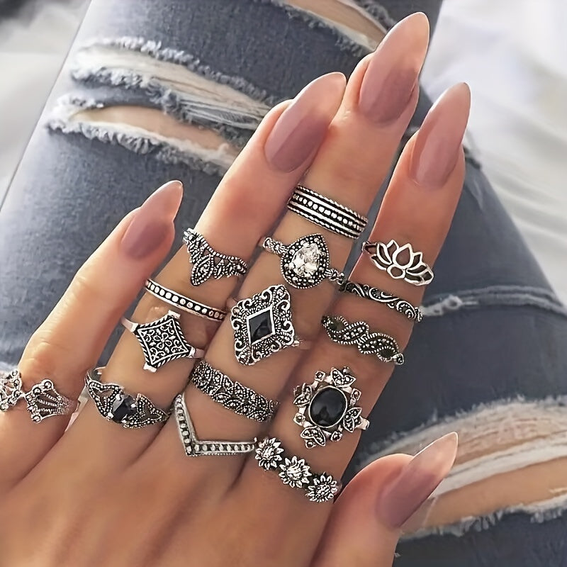 Retro Alloy Lotus Flower Hollow Finger Rings Set for Girls