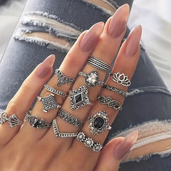 Retro Alloy Lotus Flower Hollow Finger Rings Set for Girls