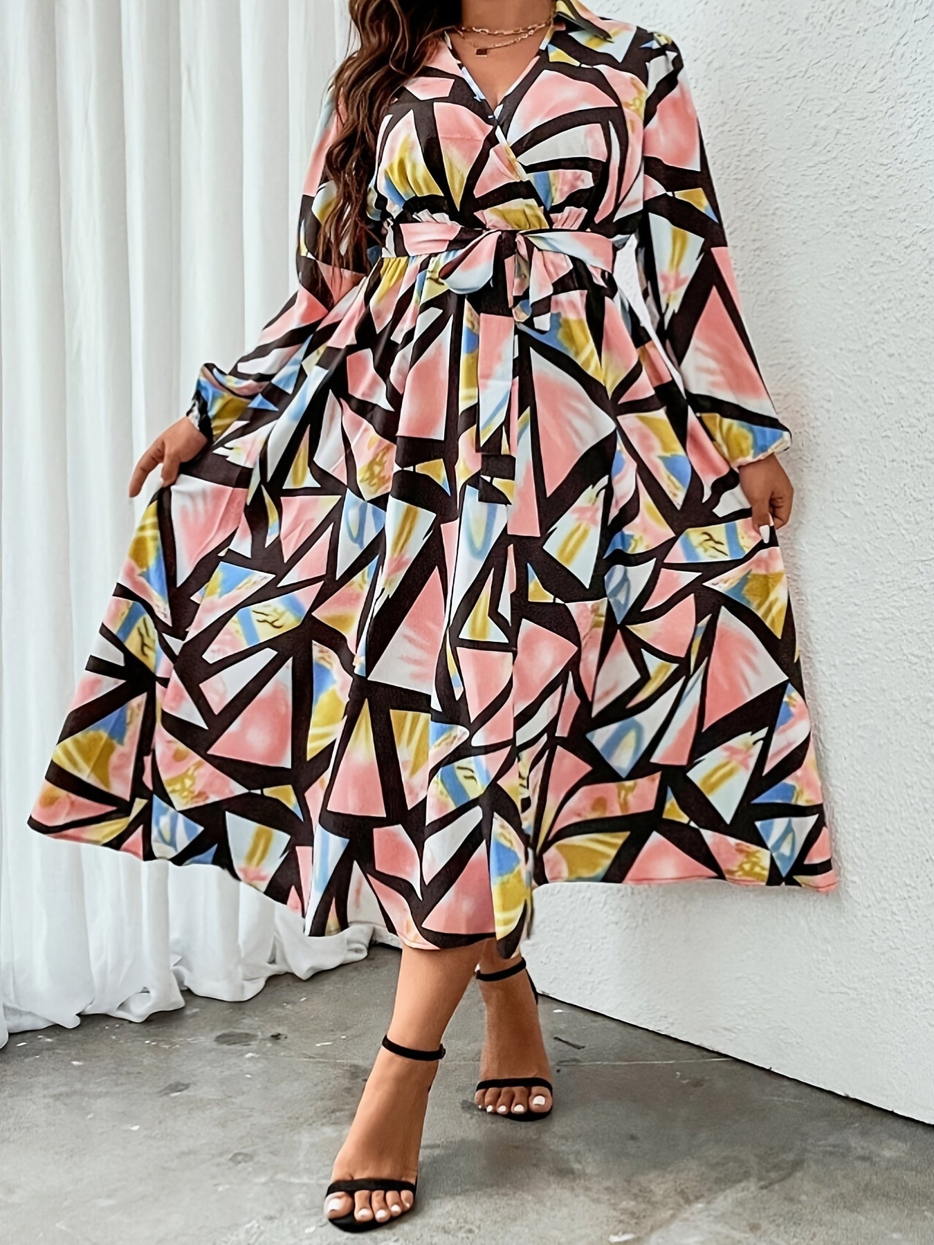Colorblock Geo Print Long Sleeve Surplice Neck Dress