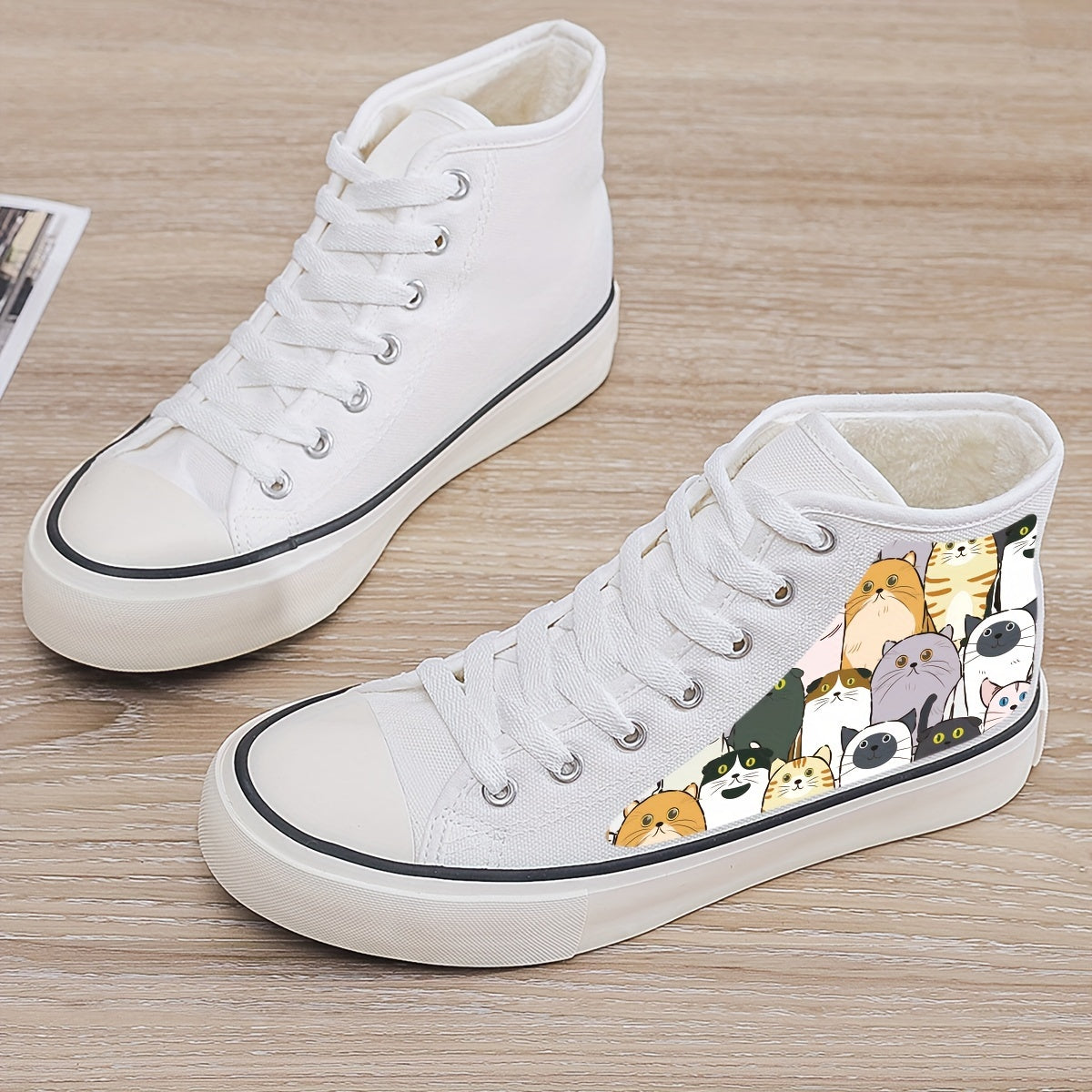 Girl's High Top Cartoon Cats Pattern Skate Shoes with Warm Plush Lining