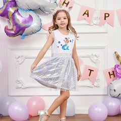 Girls Casual Cartoon Princess Dress Mermaid Sleeveless Mesh Dress