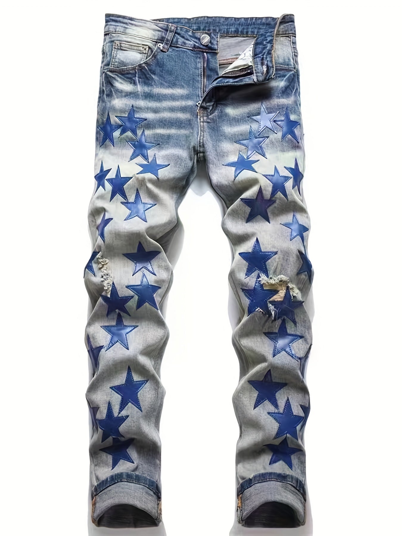 Men's Slim Fit Embroidered Star Ripped Jeans