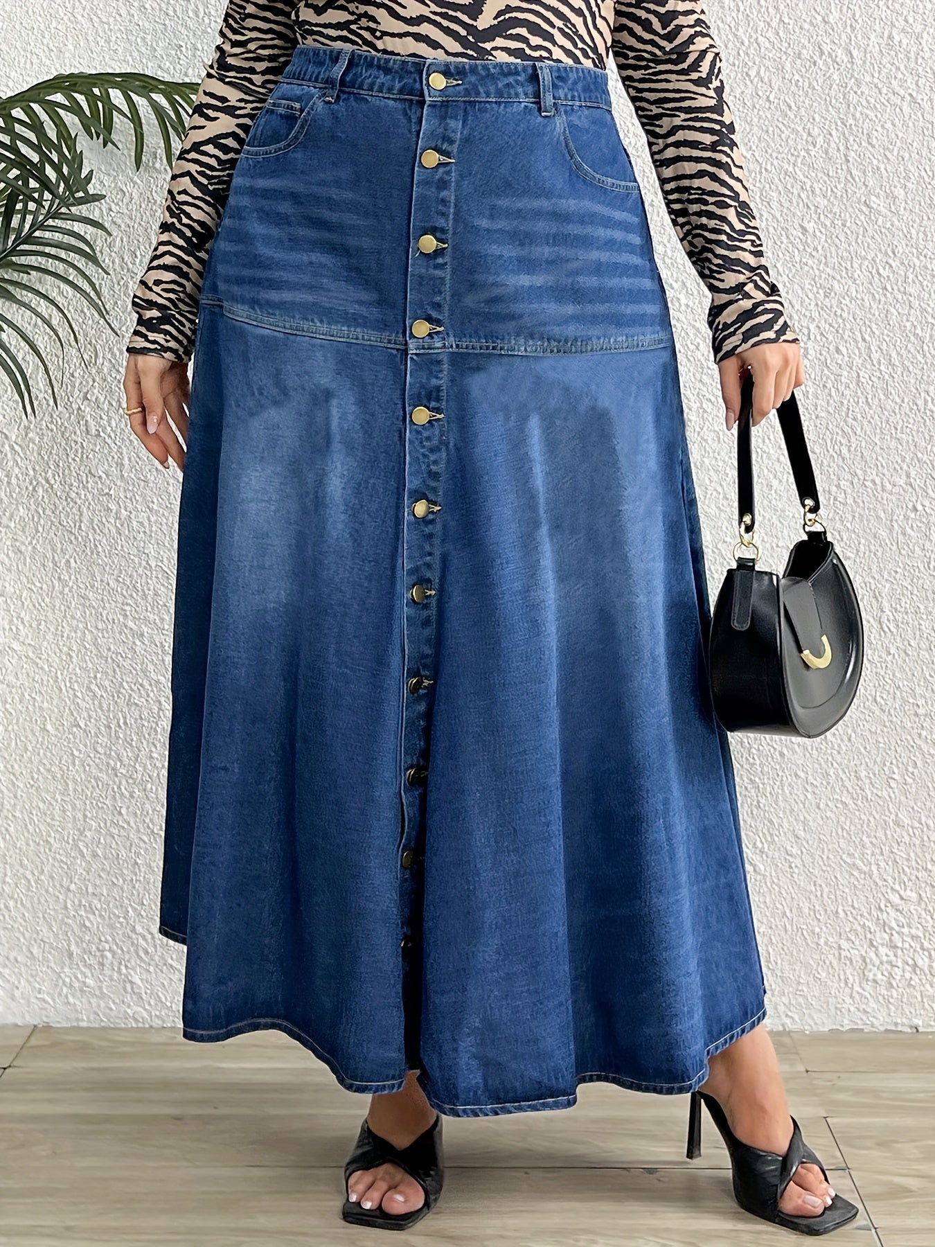 High Rise Maxi Denim Skirt Button Up Washed Casual Women's Plus