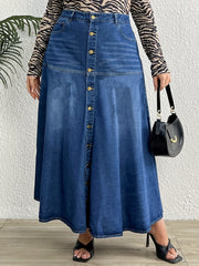 High Rise Maxi Denim Skirt Button Up Washed Casual Women's Plus