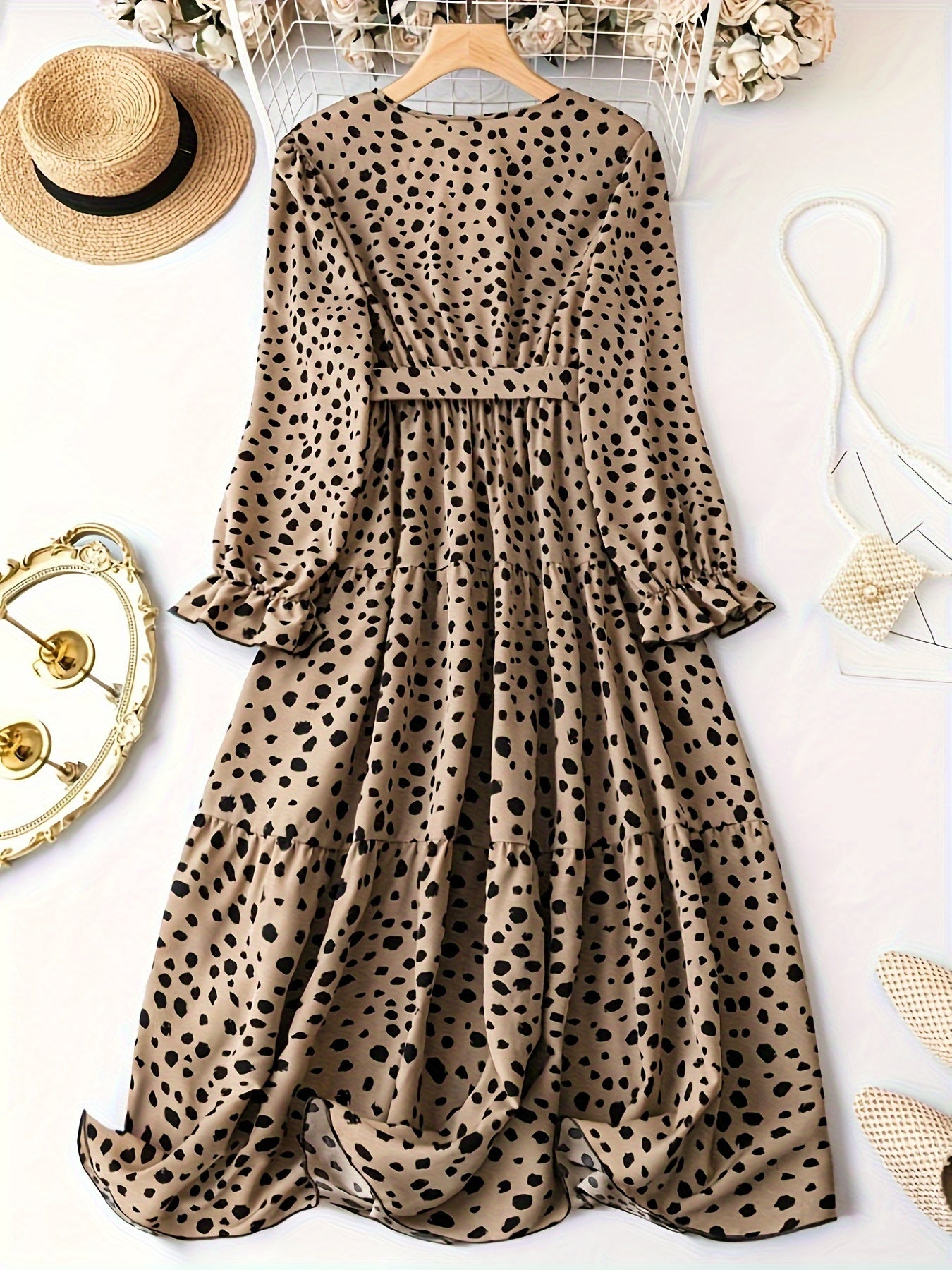 Leopard Print Lantern Sleeve Dress With Belt