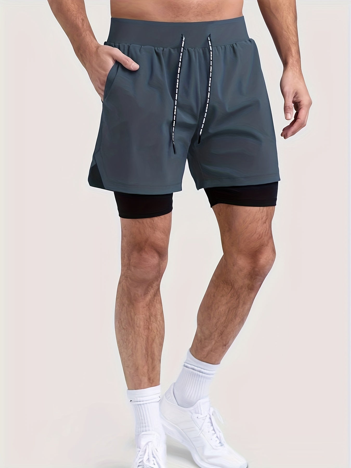 Men's 2 In 1 Running Shorts Activewear Stretch Drawstring Sport Shorts