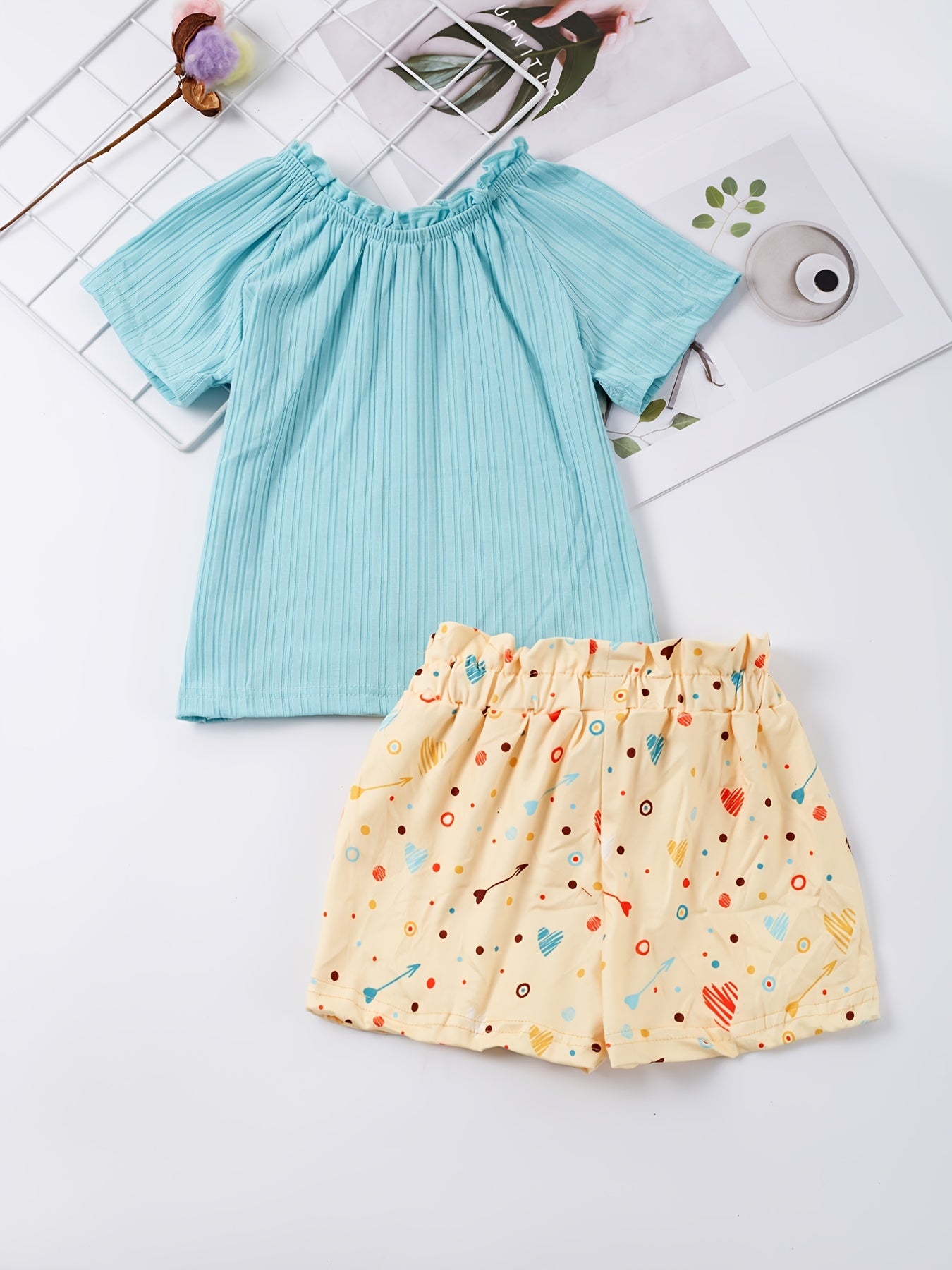 Girls Frill Trim Button Top & Sunflower Shorts Set