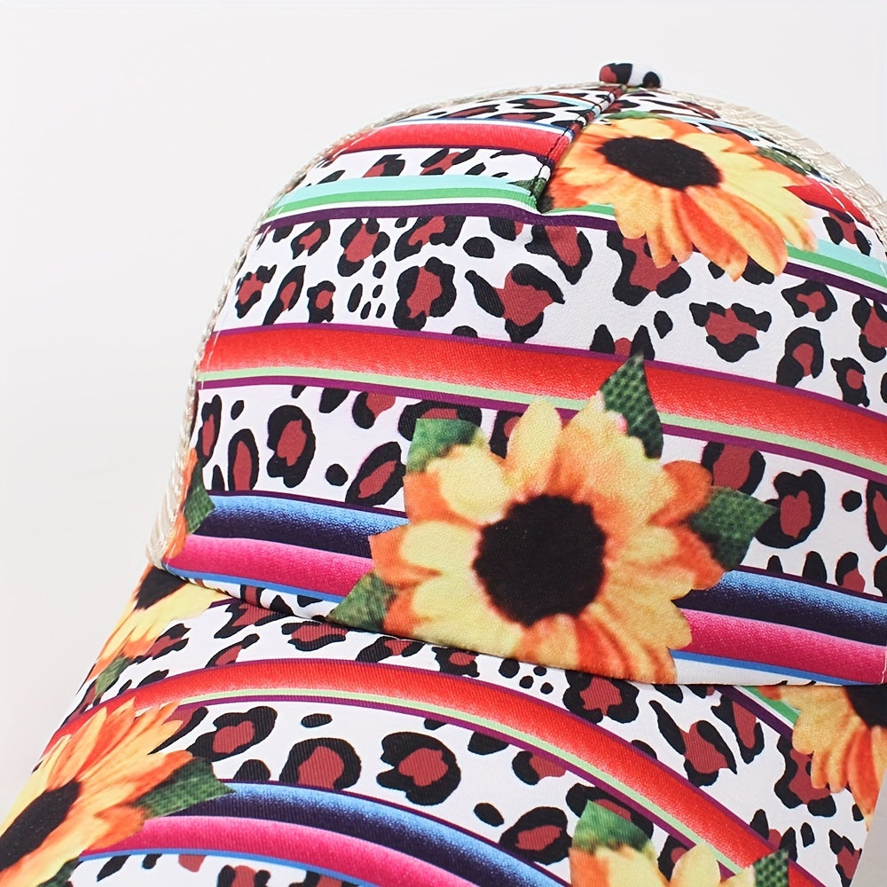 Chrysanthemum Print Trucker Hat Boho Mesh Baseball Cap