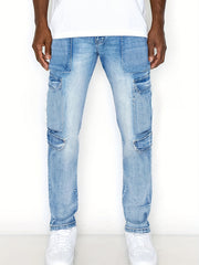 Mens Slim Fit Cargo Jeans Distressed Medium Stretch Denim Pants