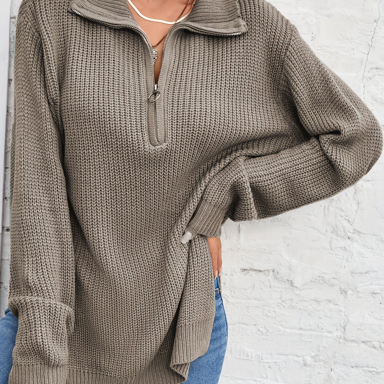 Long Sleeve Half Zip Side Slit Sweater for Winter & Fall