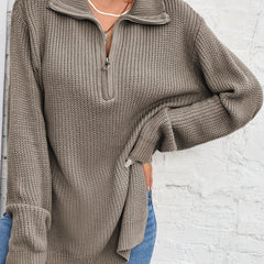 Long Sleeve Half Zip Side Slit Sweater for Winter & Fall