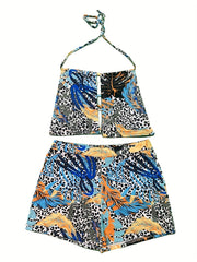 Women's Plus Tropical Print Halter Neck Cami Top & Shorts 2 Piece Set