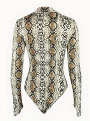 Snakeskin Print Mock Neck Bodysuit Long Sleeve Sexy One Piece