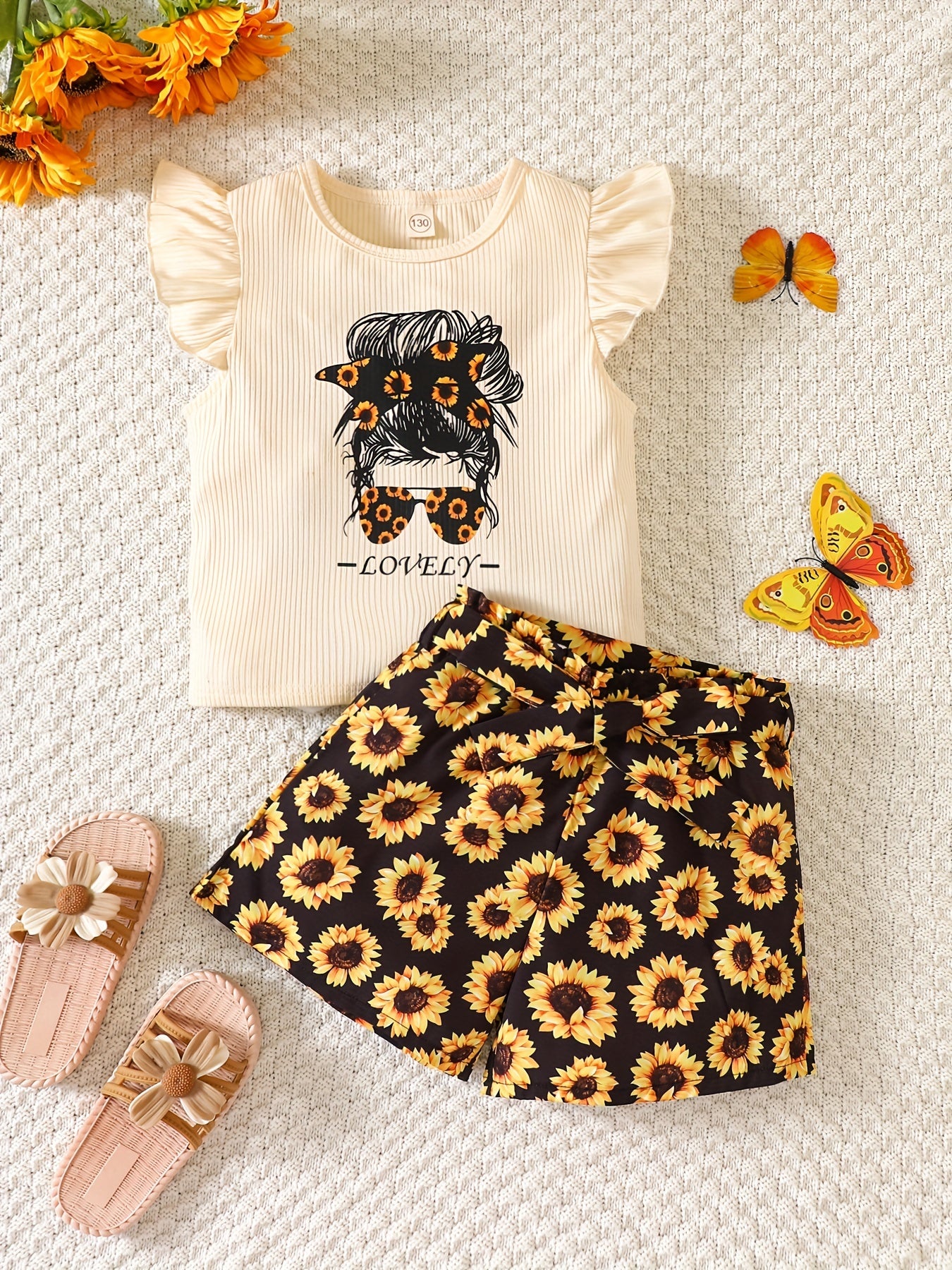 Girls 2 Piece Sunflower Graphic Tee with Shorts Set