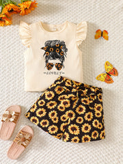 Girls 2 Piece Sunflower Graphic Tee with Shorts Set