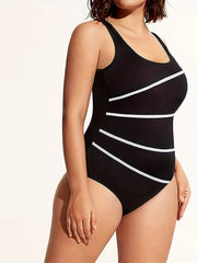 Line Print Scoop Neck Tummy Control One Piece Swimsuit