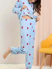 Leaves Print Pajama Set Long Sleeve Crew Neck Top & Elastic Waistband Pants