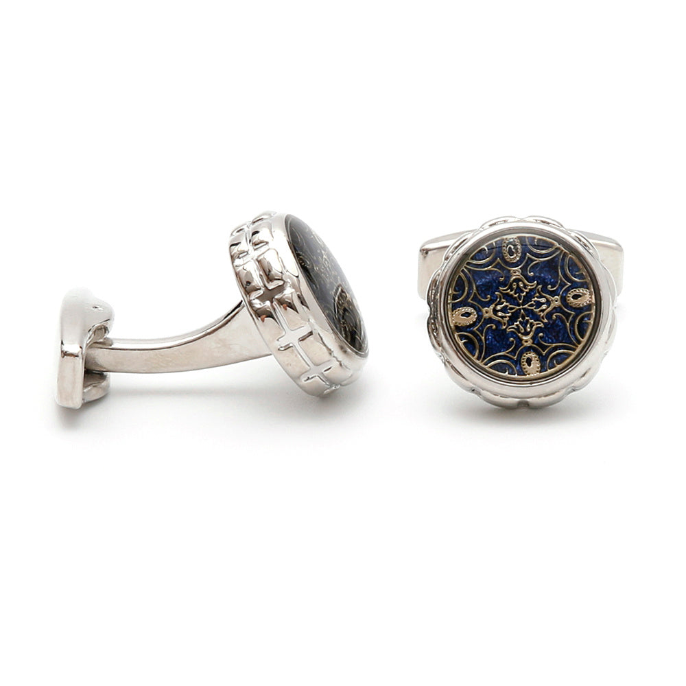 French Vintage Silver Men's Cufflinks, Round Pattern
