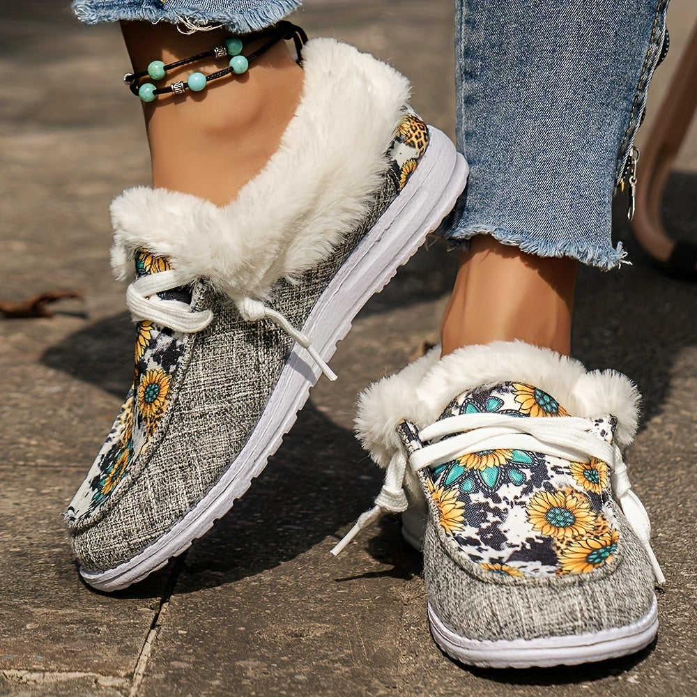 Women's Sunflower Print Fleece Low Top Warm Shoes Lightweight Outdoo