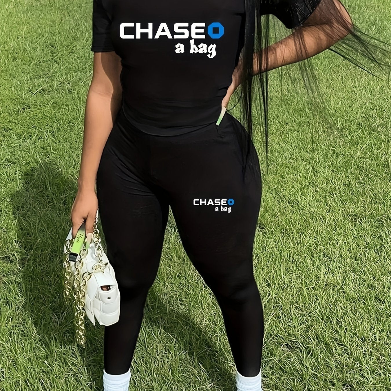Chase A Bag Letter Print Set Crew Neck Tee & Slim Pants Outfits