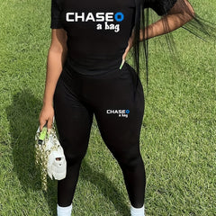 Chase A Bag Letter Print Set Crew Neck Tee & Slim Pants Outfits