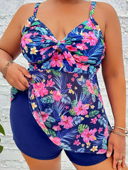 Vacay Tankini Set Floral Print Ruched Tie Front Top & Shorts Swimsuit