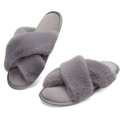 Women's Furry House Slippers Open Toe Slip On Comfy Indoor Shoes