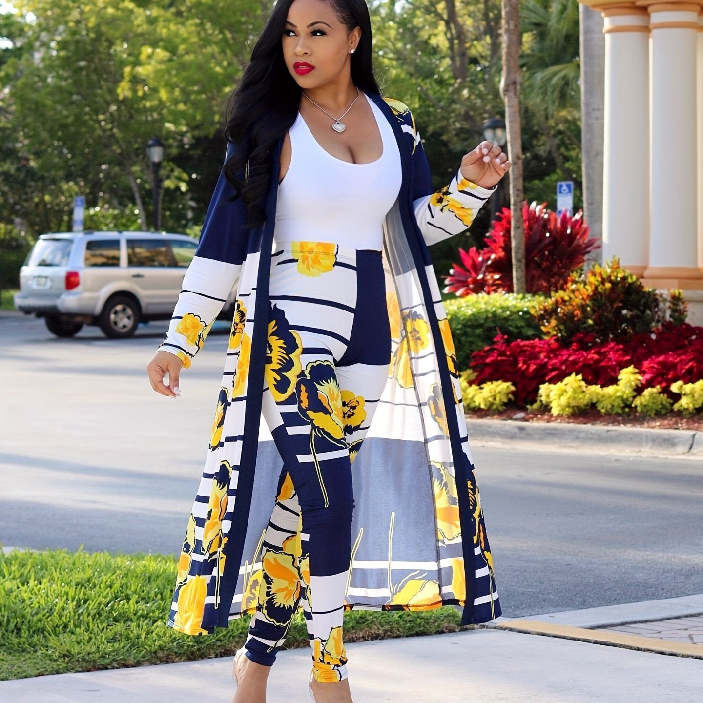 Floral & Stripe Print Cardigan & Leggings Set