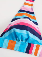 Colorful Strip Print Halter 2 Piece Bikini Set