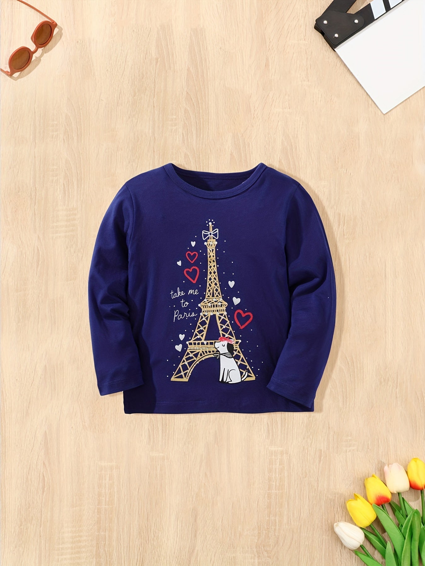 Girls Dog & Tower Cartoon Cotton Long Sleeve T Shirt Top Kids Pullover