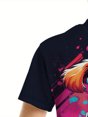 Cartoon Dog Print Boy's Casual Tees Short Sleeve Crew Neck T shirt