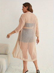 Solid Hollow Out Long Sleeve Open Front Cardigan
